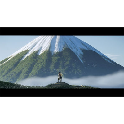 Atsu on her horse sitting in front of Mt. Yotei