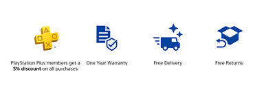 Icons for one year warranty, free delivery, free returns, direct from playstation 