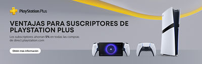 Banner promocional con el logo de PlayStation Plus, PlayStation Portal, un mando DualSense y una consola PS5 Pro. Texto: “Ventajas para suscriptores de PlayStation Plus. Los suscriptores ahorran 5 % en todas las compras de direct.playstation.com.” Botón: “Obtén más información.”