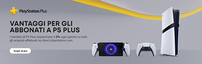 Banner promozionale con logo PlayStation Plus, PlayStation Portal, controller DualSense e console PS5 Pro. Testo: “Vantaggi per gli abbonati a PS Plus. I membri di PS Plus risparmiano il 5 % ogni giorno su tutti gli acquisti effettuati su direct.playstation.com.” Pulsante: “Scopri di più.”