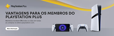 Banner promocional com o logótipo do PlayStation Plus, PlayStation Portal, um comando DualSense e uma consola PS5 Pro. Texto: “Vantagens para os membros do PlayStation Plus. Membros recebem 5 % todos os dias em todas as compras no direct.playstation.com.” Botão: “Mais informação.”