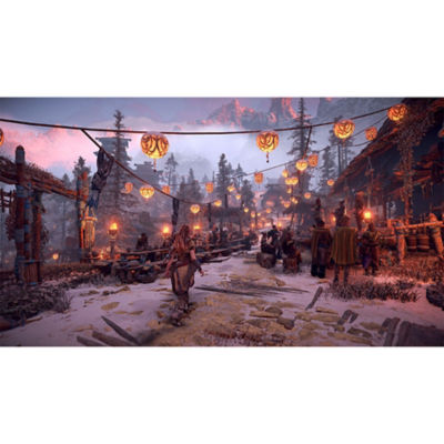 Horizon Zero Dawn Remastered – Screenshot mit Aloy, die auf einem von Laternen beleuchteten Weg läuft