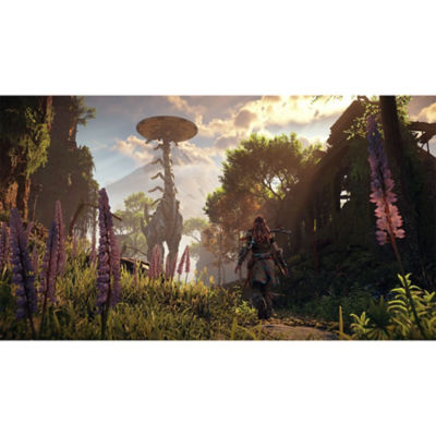 Horizon Zero Dawn Remastered – Screenshot mit Aloy, die sich einer Langhals-Maschine nähert