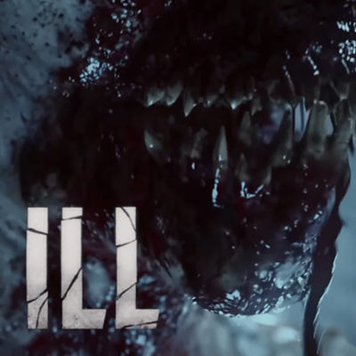 La carátula del juego "ILL" muestra un monstruo grotesco y carnoso, hecho de extremidades y zarcillos enredados, que cuelga del techo en un pasillo oscuro.