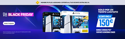 Banner promozionale PlayStation Black Friday con il testo “Membri PS Plus: aggiungi l’offerta al tuo sconto extra del 5 %.” Mostra la console PS5, il controller DualSense e l’edizione limitata Ghost of Yōtei. Testo principale: “Risparmia fino a 150 € su hardware e bundle PS5.”