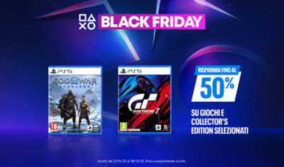 Banner promozionale PlayStation Black Friday con il testo “Risparmia fino al 50 % su giochi e collector’s edition selezionati.” Mostra i giochi PS5 Ghost of Yōtei Collector’s Edition, God of War Ragnarök e Gran Turismo 7 su uno sfondo blu con simboli di PlayStation.