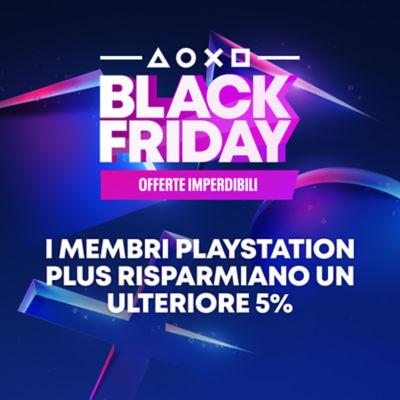 Grafica promozionale PlayStation Black Friday con sfondo nei toni del blu e del viola. Testo: “BLACK FRIDAY — Offerte imperdibili. I membri PlayStation Plus risparmiano un ulteriore 5%.” Simboli PlayStation sopra il titolo.