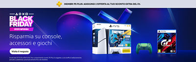 Banner promozionale PlayStation Black Friday con testo “Risparmia su console, accessori e giochi.” Mostra una confezione PS5, un controller DualSense verde e il gioco Gran Turismo 7 sulla destra, con il logo PlayStation Plus in alto.