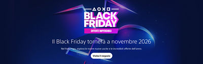 Banner con il logo Black Friday di PlayStation e il testo “Il Black Friday tornerà a novembre 2026.” Il sottotesto recita: “Nel frattempo, esplora le nostre nuove uscite e le incredibili offerte dell’anno.” Pulsante “Visita il negozio” su sfondo blu scuro con i simboli PlayStation.