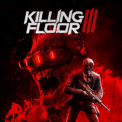 La carátula de "Killing Floor III" muestra a un soldado con una máscara de gas de pie frente a un monstruo gigante y grotesco con un visor rojo brillante. La escena está bañada en una luz roja.