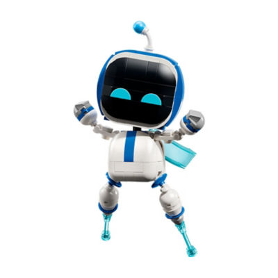 Figura de Astro Bot construida con piezas LEGO con ambos brazos levantados, pantalla facial negra, detalles azules, pies y capa azules translúcidos.