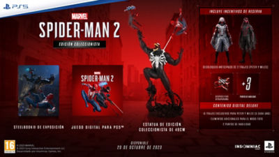 Contenido de la Edición Coleccionista de Spider-Man 2, que incluye una estatuilla de 48 cm, contenido adicional por la reserva, expositor, código para descarga digital del juego completo.