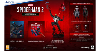Contenu de l'édition collector de Spider-Man 2 comprenant une statue d'environ 48 centimètres, des objets bonus de précommande, un coffret de présentation et un bon d'achat pour le jeu numérique complet.