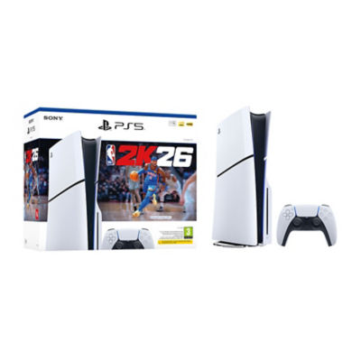The white box packaging displaying NBA 2K 26 artwork, alongside a white PS5 console and a white DualSense wireless controller