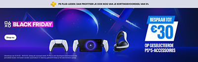 PlayStation Black Friday-banner met de tekst “PS Plus-leden: dan profiteer je ook nog van je kortingsvoordeel van 5 %.” Toont twee DualSense-controllers, een PlayStation Portal en een Pulse 3D-headset op een blauw en paars achtergrond. Tekst: “Bespaar tot €30 op geselecteerde PS5-accessoires.”