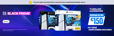 PlayStation Black Friday-banner met de tekst “PS Plus-leden: dan profiteer je ook nog van je kortingsvoordeel van 5 %.” Toont een PS5-console, DualSense-controller en het Ghost of Yōtei Limited Edition-bundel. Tekst: “Bespaar tot €150 op geselecteerde PS5 hardware en bundels.”
