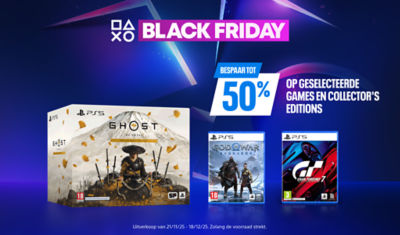 PlayStation Black Friday-banner met de tekst “Bespaar tot 50 % op geselecteerde games en collector’s editions.” Toont de PS5-games Ghost of Yōtei Collector’s Edition, God of War Ragnarök en Gran Turismo 7 tegen een blauw-paars achtergrond met PlayStation-vormen.