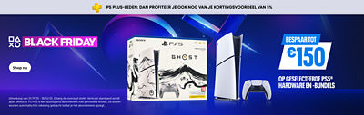PlayStation Black Friday-banner met de tekst “PS Plus-leden: dan profiteer je ook nog van je kortingsvoordeel van 5 %.” Toont een PS5-console, DualSense-controller en het Ghost of Yōtei Limited Edition-bundel. Tekst: “Bespaar tot €150 op geselecteerde PS5 hardware en bundels.”