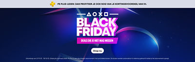 Hoofdbanner van PlayStation Black Friday met de tekst “Deals die je niet mag missen.” Achtergrond met blauwe en paarse lichtaccenten en PlayStation Plus-logo bovenaan, plus knop “Shop nu.”