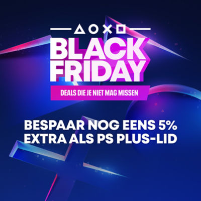 PlayStation Black Friday-promotieafbeelding met een blauw en paars neonontwerp. Tekst: “BLACK FRIDAY — Deals die je niet mag missen. Bespaar nog eens 5% extra als PS Plus-lid.” PlayStation-symbolen. staan boven de titel tegen een glanzende achtergrond.