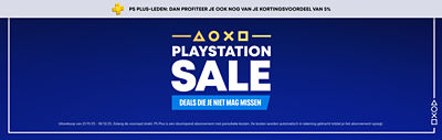 Promotiebanner met blauwe achtergrond met het PlayStation Sale-logo en PlayStation-symbolen. Tekst: “PlayStation Sale – Deals die je niet mag missen.” Inclusief knop “Shop nu” en PS Plus-bericht “PS Plus-leden: dan profiteer je ook nog van je kortingsvoordeel van 5%.”