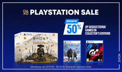 Blauwe banner met witte tekst “PlayStation Sale”. Rechts staat “Bespaar tot 50% op geselecteerde games en collector’s editions”. Afbeeldingen tonen drie PS5®-spellen: Ghost of Yotei Collector’s Edition, God of War Ragnarök en Gran Turismo 7. Onderaan tekst: “Uitverkoop van 21/11/25 – 18/12/25. Zolang de voorraad strekt.”