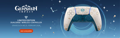 Genshin Impact Limited Edition DualSense Wireless-Controller vor blauem Sternenhintergrund, mit goldenen und türkisfarbenen Designs; Text zeigt „LIMITED EDITION DUALSENSE WIRELESS-CONTROLLER“ und „ERHÄLTLICH AB 25. FEBRUAR 2026“, neben einem großen Bild des Controllers und Button „Jetzt vorbestellen“.