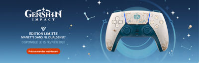 Manette sans fil DualSense Édition Limitée Genshin Impact présentée sur un fond bleu étoilé, ornée de motifs dorés et turquoise; le texte indique “ÉDITION LIMITÉE MANETTE SANS FIL DUALSENSE” et “DISPONIBLE LE 25 FÉVRIER 2026,” avec l’image de la manette et le bouton “Précommander maintenant”.