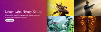 Ein Werbebanner mit violettem Farbverlauf und Konfetti zeigt den Text „Neues Jahr. Neues Setup.“ und „Erkunde mit Spannung erwartete Spiele, die 2026 und darüber hinaus erscheinen.“ mit einem Button „Jetzt entdecken“. Rechts ist eine Spielcollage mit mehreren Charakteren aus Action- und Sci-Fi-Spielen zu sehen.