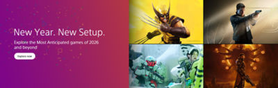 A promotional banner with a purple gradient and confetti displays the text “New Year. New Setup.” and “Explore the Most Anticipated games of 2026 and beyond” with an “Explore now” button. On the right, a collage features characters from multiple action and sci-fi games.