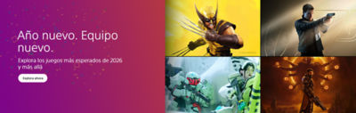 Un banner promocional con degradado violeta y confeti muestra el texto “Año nuevo. Equipo nuevo.” y “Explora los juegos más esperados de 2026 y más allá” con un botón “Explora ahora”. A la derecha aparece una composición de personajes de juegos de acción y ciencia ficción.