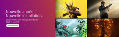 Un bandeau promotionnel au dégradé violet avec des confettis affiche le texte « Nouvelle année. Nouvelle installation. » et « Découvrez les jeux les plus attendus de 2026 et au-delà » avec un bouton « Explorer maintenant ». À droite, une mosaïque présente des personnages de jeux d’action et de science-fiction.