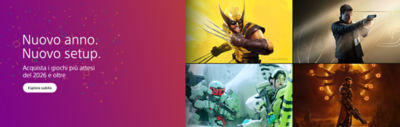 Un banner promozionale con sfumatura viola e coriandoli mostra il testo “Nuovo anno. Nuovo setup.” e “Acquista i giochi più attesi del 2026 e oltre” con un pulsante “Esplora subito”. Sulla destra è visibile una griglia di personaggi tratti da giochi action e fantascientifici.