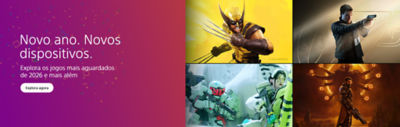 Um banner promocional com gradiente roxo e confettis apresenta o texto “Novo ano. Novos dispositivos.” e “Explora os jogos mais aguardados de 2026 e mais além” com um botão “Explora agora”. À direita surge uma montagem com personagens de jogos de ação e ficção científica.
