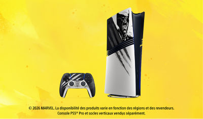 Façade de console PS5® Pro Édition Limitée Marvel Wolverine avec illustration de Wolverine en noir et blanc, présentée aux côtés d'une manette sans fil DualSense® assortie noire, blanche et grise sur un fond jaune.