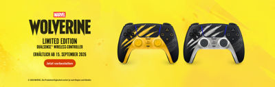 Zwei Marvel Wolverine Limited Edition DualSense Wireless-Controller vor gelbem Hintergrund: einer in Schwarz und Gelb mit Krallenspuren-Design und einer in Schwarz, Weiss und Grau mit passendem Krallenspuren-Design. Text: „Marvel Wolverine. Limited Edition DualSense Wireless-Controller. Erhältlich ab 15. September 2026. Jetzt vorbestellen.“