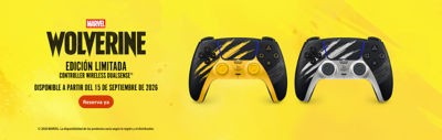 Dos mandos inalámbricos DualSense Edición Limitada de Marvel Wolverine sobre un fondo amarillo: uno negro y amarillo con un diseño de zarpazos y otro negro, blanco y gris con el mismo diseño. Texto: «Marvel Wolverine. Edición Limitada. Controller Wireless DualSense®. Disponible a partir del 15 de septiembre de 2026. Reserva ya.»
