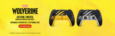 Due controller wireless DualSense Edizione Limitata Marvel Wolverine su uno sfondo giallo: uno nero e giallo con grafiche ad artigli e uno nero, bianco e grigio con lo stesso motivo. Testo: «Marvel Wolverine. Edizione Limitata. Controller Wireless DualSense®. Disponibile a partire dal 15 settembre 2026. Pre-ordina subito.»