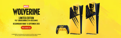 Promotiebanner voor Marvel Wolverine LIMITED-EDITION. Twee PS5®-consoles met door Wolverine geïnspireerde consolecovers en een bijpassende geel-zwarte DualSense® draadloze controller staan afgebeeld op een gele achtergrond. De tekst luidt: "Marvel Wolverine. LIMITED-EDITION. PS5®-consolebundels en -accessoires. Beschikbaar vanaf 15 september 2026. Pre-order nu."