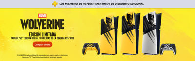Pack de PS5® Edición Digital y cubiertas de la consola PS5® Pro Marvel Wolverine Edición Limitada con mandos inalámbricos DualSense® a juego en amarillo y blanco. Un banner indica que los miembros de PS Plus tienen un 5 % de descuento adicional. La disponibilidad de los productos varía según la región y el distribuidor. La consola PS5® Pro y los soportes verticales se venden por separado.