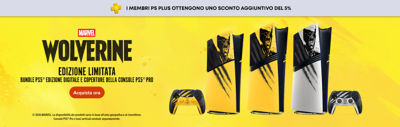 Bundle PS5® Edizione Digitale e coperture della console PS5® Pro Marvel Wolverine Edizione Limitata con controller wireless DualSense® coordinati giallo e bianco. Un banner indica che i membri PS Plus ottengono uno sconto aggiuntivo del 5%. La disponibilità dei prodotti varia in base all'area geografica e al rivenditore. Console PS5® Pro e basi verticali vendute separatamente.