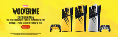 Banner promocional de Marvel Wolverine EDICIÓN LIMITADA. Tres cubiertas para consola PS5® Pro inspiradas en Wolverine, en amarillo y negro y en blanco y negro, aparecen junto a controllers wireless DualSense® a juego sobre un fondo amarillo. El texto dice: «Marvel Wolverine. EDICIÓN LIMITADA. Pack de PS5® Edición Digital y cubiertas de la consola PS5® Pro. Disponible a partir del 15 de septiembre de 2026. Reserva ya.»