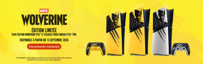 Bannière promotionnelle pour Marvel Wolverine ÉDITION LIMITÉE. Trois façades de console PS5® Pro inspirées de Wolverine, en jaune et noir et en blanc et noir, sont présentées avec des manettes sans fil DualSense® assorties sur un fond jaune. Le texte indique : « Marvel Wolverine. ÉDITION LIMITÉE. Pack édition numérique PS5® et façades pour console PS5® Pro. Disponible à partir du 15 septembre 2026. Précommander maintenant. »