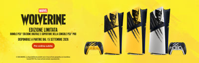 Banner promozionale di Marvel Wolverine EDIZIONE LIMITATA. Tre coperture per console PS5® Pro ispirate a Wolverine, in giallo e nero e in bianco e nero, sono mostrate insieme a controller wireless DualSense® coordinati su uno sfondo giallo. Il testo recita: "Marvel Wolverine. EDIZIONE LIMITATA. Bundle PS5® Edizione Digitale e coperture della console PS5® Pro. Disponibile a partire dal 15 settembre 2026. Pre-ordina subito."