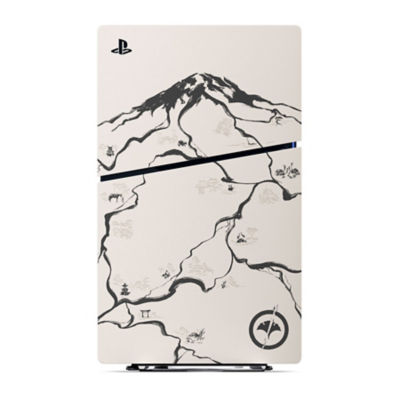 Side view of Ghost of Yotei Limited Edition Console showing the black mountain design and game logo