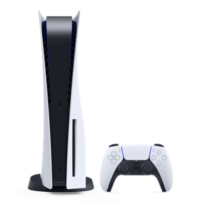 A white PS5 console standing vertically alongside a white DualSense wireless controller