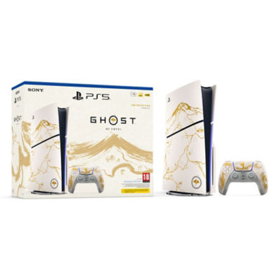 The box packaging displaying Ghost of Yotei  artwork, alongside a white PS5 console and a DualSense wireless controller