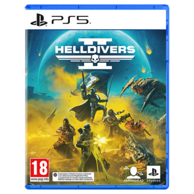La confezione PS5 di Helldivers 2 raffigurante quattro Helldiver in combattimento contro molteplici creature aliene