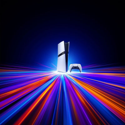 Imagen abstracta de la potencia de la consola con luces nítidas rojas, azules y moradas emanando de una consola PS5 Pro blanca