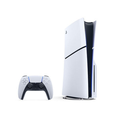 A white PS5 console standing vertically at a slight angle, showing the front console cover